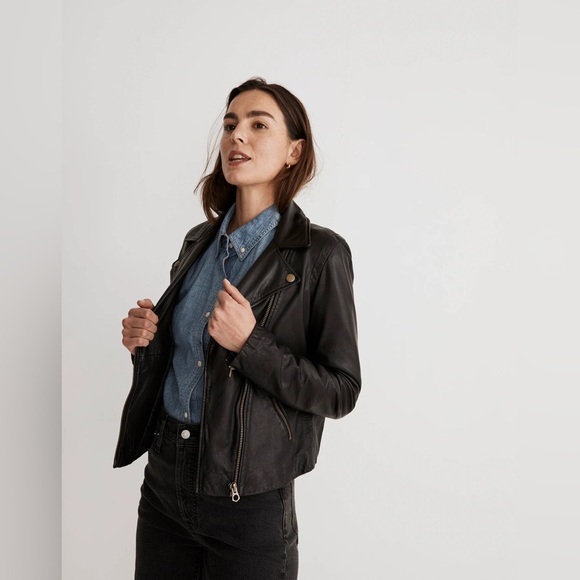 Madewell Washed Leather Motorcycle Jacket, Black w/Brass Hardware Edition, NWOT - Picture 2 of 11
